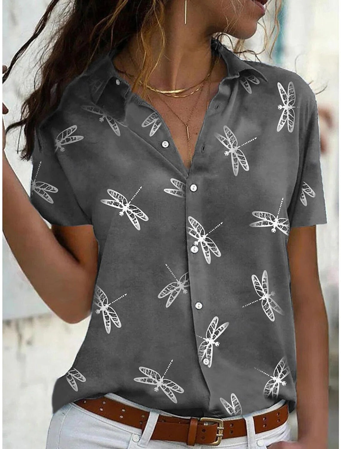 Amanda | Women's Dragonfly Print Short Sleeve Button-Down Shirt Top
