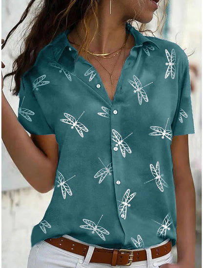 Amanda | Women's Dragonfly Print Short Sleeve Button-Down Shirt Top