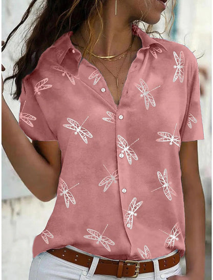 Amanda | Women's Dragonfly Print Short Sleeve Button-Down Shirt Top
