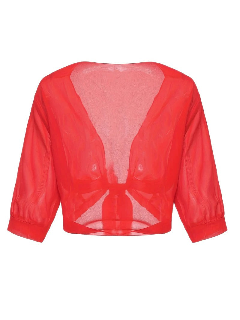 Jasmine | Women's Tie Front Sheer Blouse Open Front 3/4 Sleeve Top
