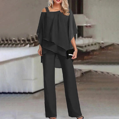 Ashley | Women's Cold Shoulder Chiffon Overlay Wide-Leg Jumpsuit