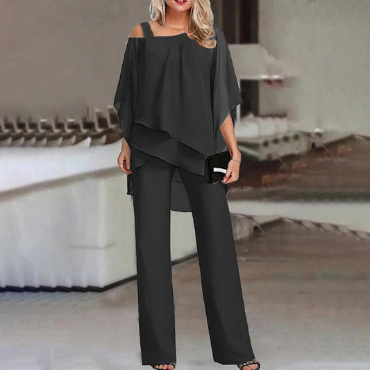 Ashley | Women's Cold Shoulder Chiffon Overlay Wide-Leg Jumpsuit