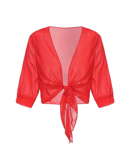 Jasmine | Women's Tie Front Sheer Blouse Open Front 3/4 Sleeve Top