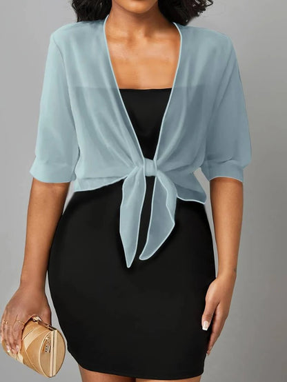 Jasmine | Women's Tie Front Sheer Blouse Open Front 3/4 Sleeve Top