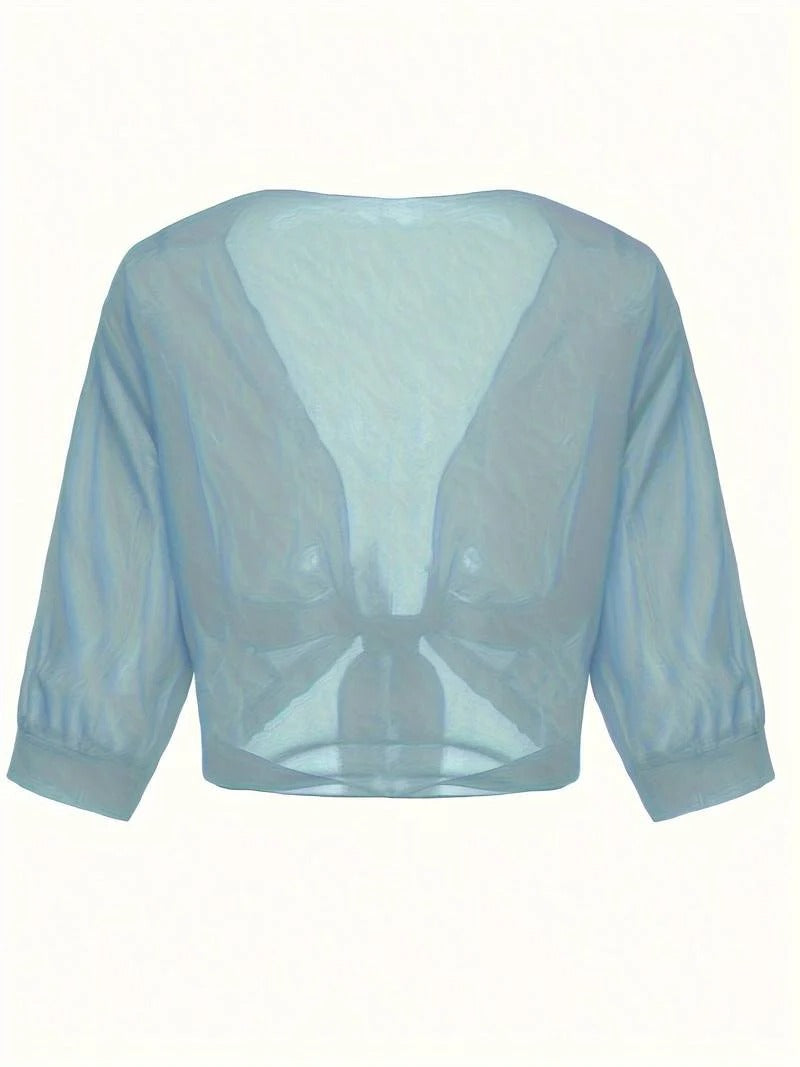 Jasmine | Women's Tie Front Sheer Blouse Open Front 3/4 Sleeve Top