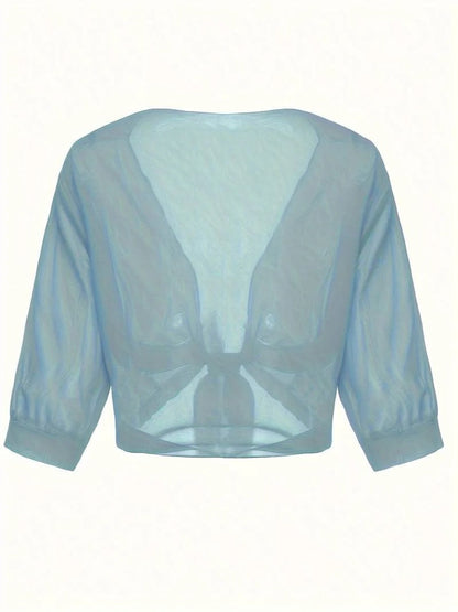 Jasmine | Women's Tie Front Sheer Blouse Open Front 3/4 Sleeve Top