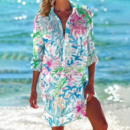 Lucy | Women's Tropical Print Button-Up Dress Three-Quarter Sleeve Beach Cover Up