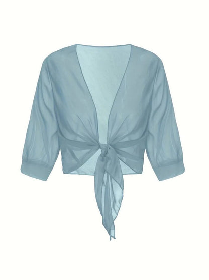 Jasmine | Women's Tie Front Sheer Blouse Open Front 3/4 Sleeve Top