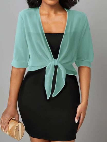 Jasmine | Women's Tie Front Sheer Blouse Open Front 3/4 Sleeve Top
