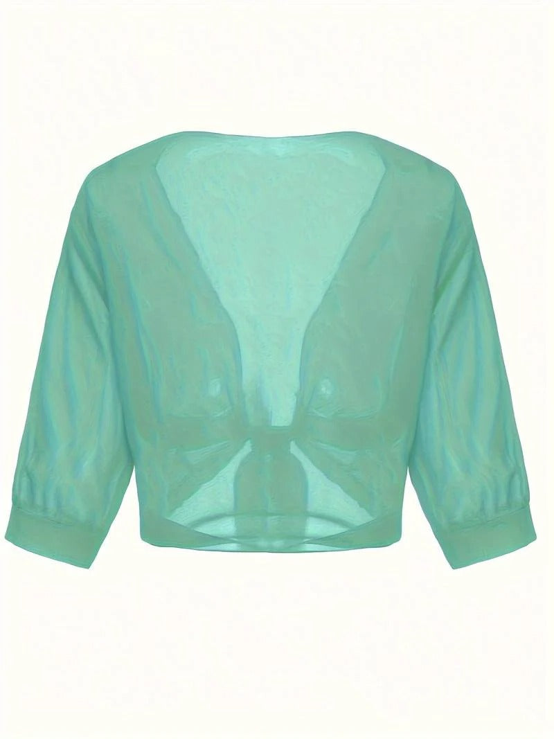 Jasmine | Women's Tie Front Sheer Blouse Open Front 3/4 Sleeve Top