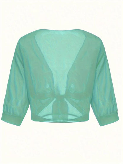 Jasmine | Women's Tie Front Sheer Blouse Open Front 3/4 Sleeve Top
