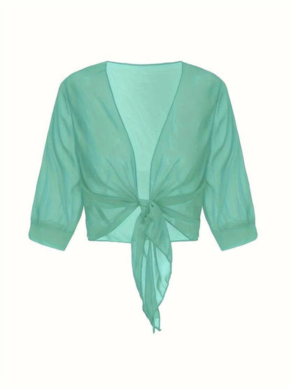 Jasmine | Women's Tie Front Sheer Blouse Open Front 3/4 Sleeve Top