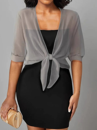 Jasmine | Women's Tie Front Sheer Blouse Open Front 3/4 Sleeve Top