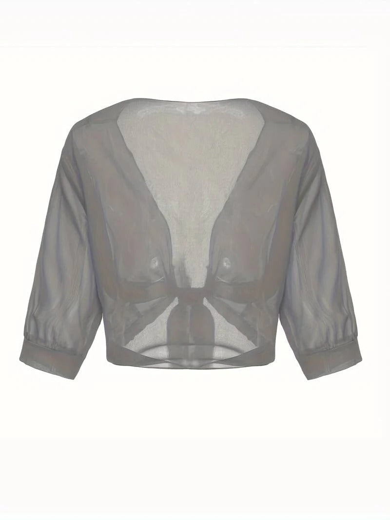 Jasmine | Women's Tie Front Sheer Blouse Open Front 3/4 Sleeve Top