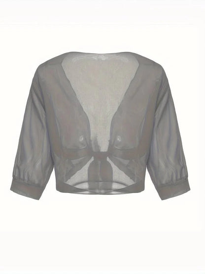 Jasmine | Women's Tie Front Sheer Blouse Open Front 3/4 Sleeve Top