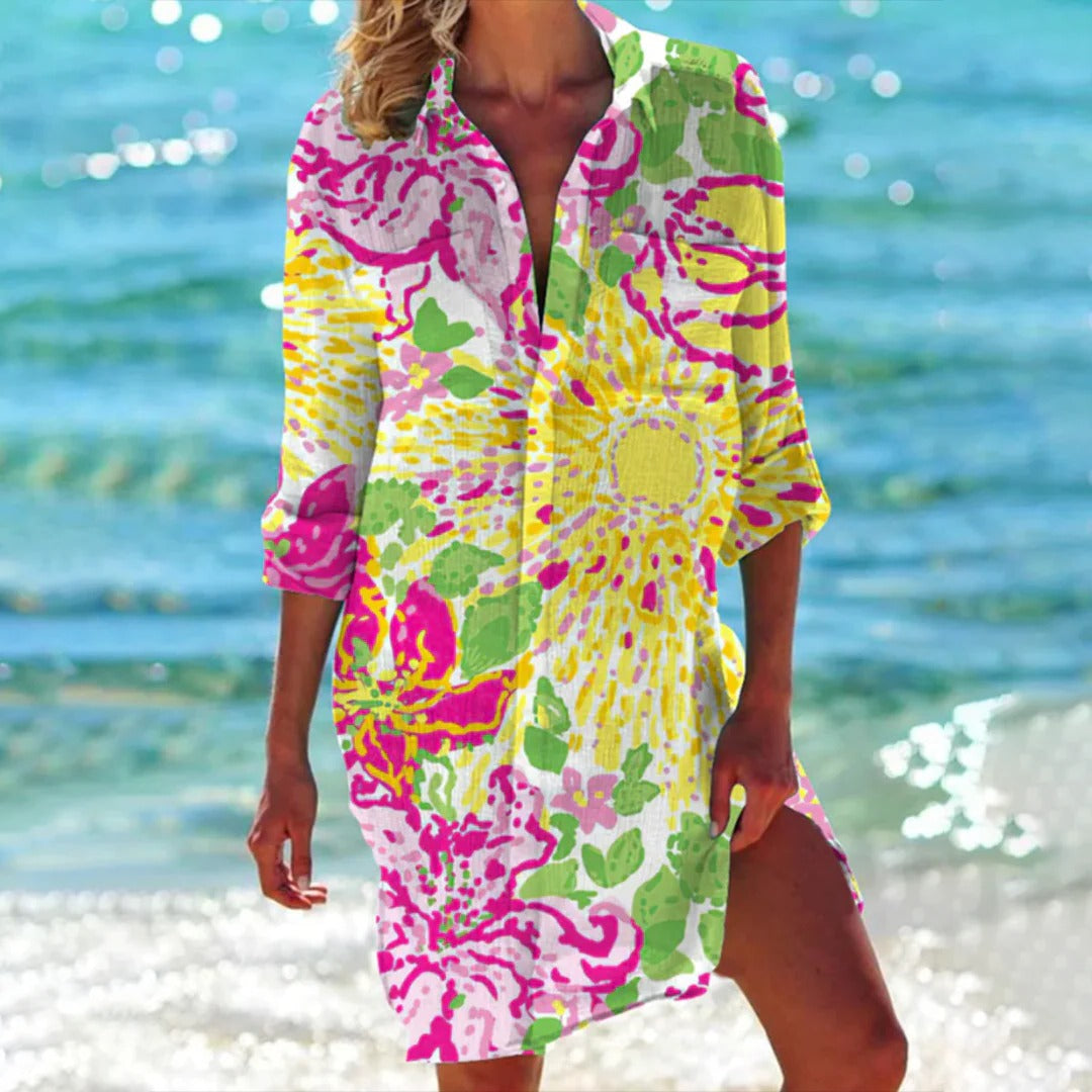 Lucy | Women's Tropical Print Button-Up Dress Three-Quarter Sleeve Beach Cover Up