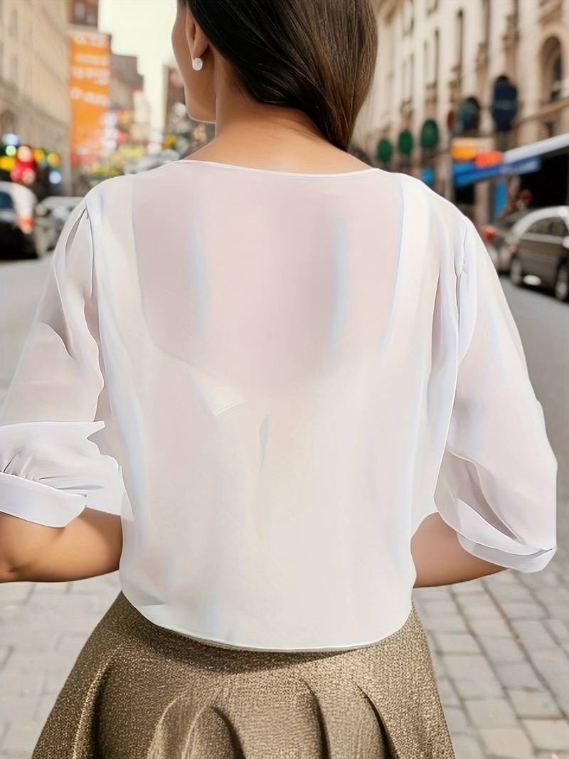 Jasmine | Women's Tie Front Sheer Blouse Open Front 3/4 Sleeve Top