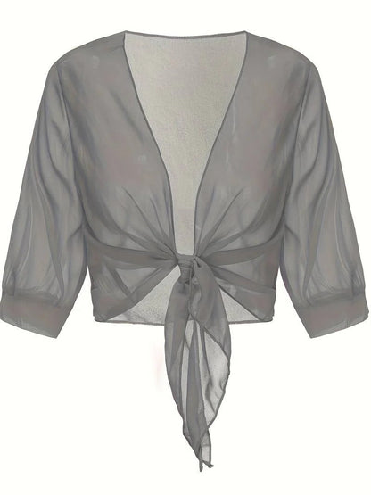 Jasmine | Women's Tie Front Sheer Blouse Open Front 3/4 Sleeve Top