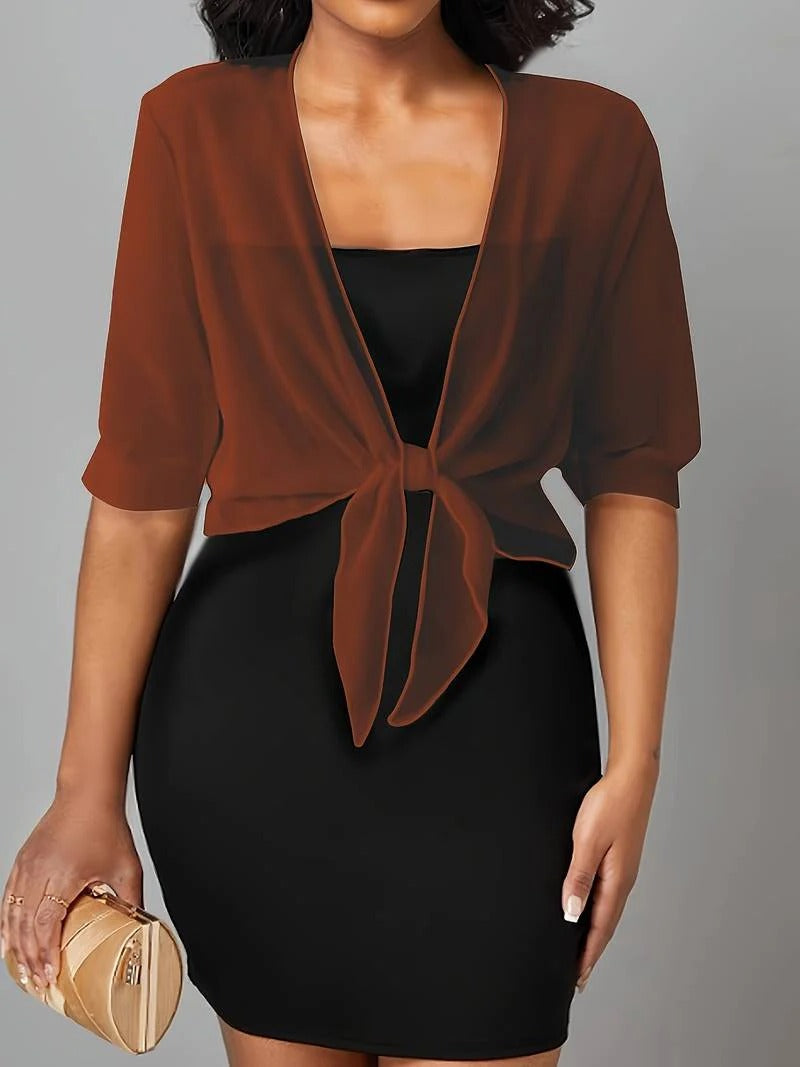 Jasmine | Women's Tie Front Sheer Blouse Open Front 3/4 Sleeve Top
