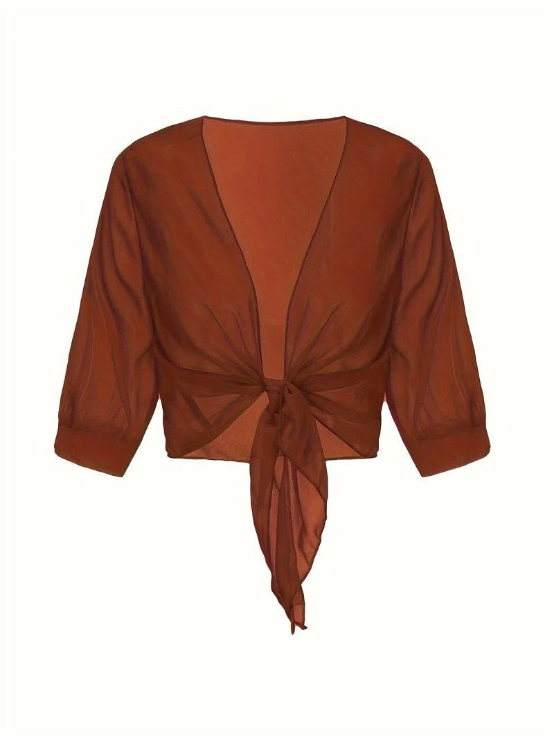 Jasmine | Women's Tie Front Sheer Blouse Open Front 3/4 Sleeve Top