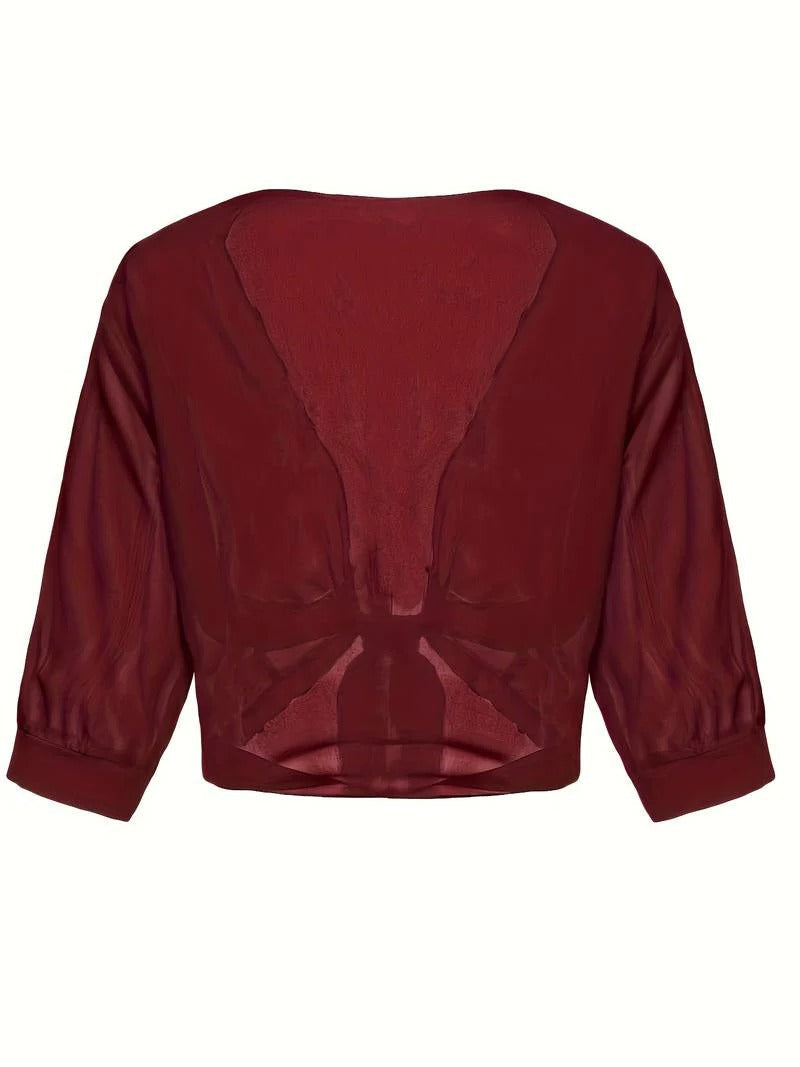 Jasmine | Women's Tie Front Sheer Blouse Open Front 3/4 Sleeve Top