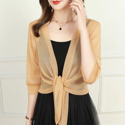 Jasmine | Women's Tie Front Sheer Blouse Open Front 3/4 Sleeve Top