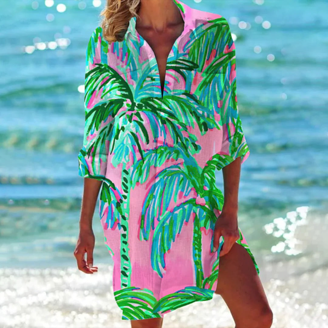 Lucy | Women's Tropical Print Button-Up Dress Three-Quarter Sleeve Beach Cover Up