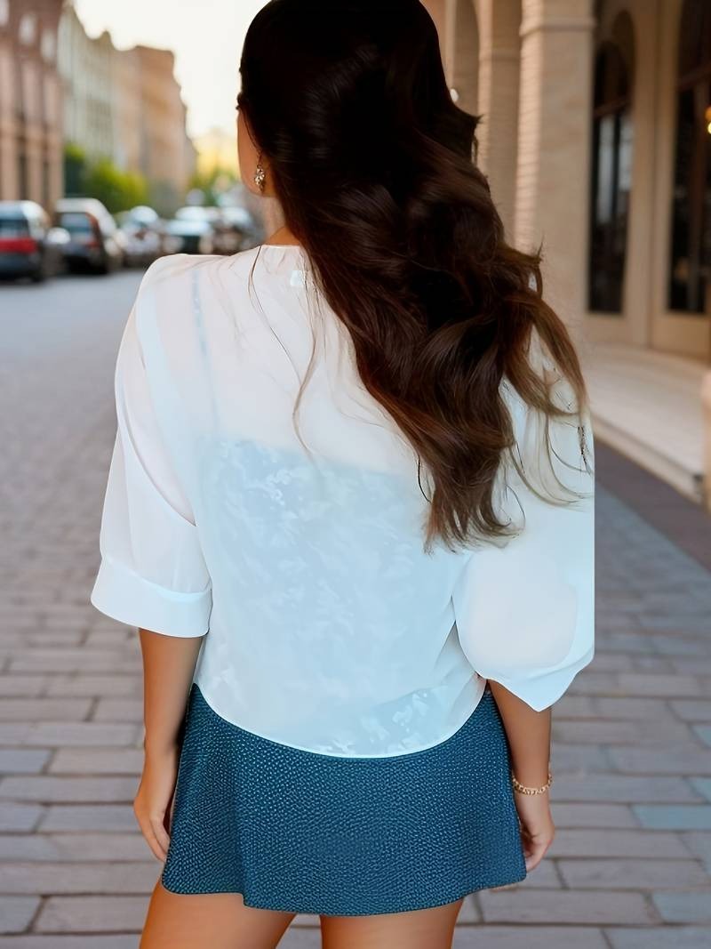 Jasmine | Women's Tie Front Sheer Blouse Open Front 3/4 Sleeve Top