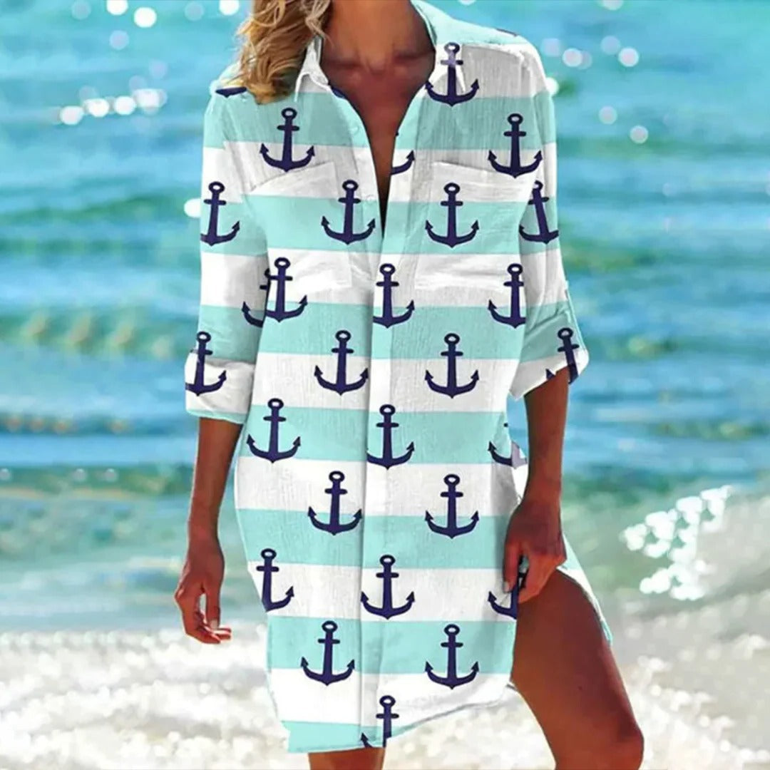 Lucy | Women's Tropical Print Button-Up Dress Three-Quarter Sleeve Beach Cover Up