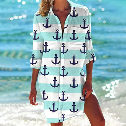 Lucy | Women's Tropical Print Button-Up Dress Three-Quarter Sleeve Beach Cover Up