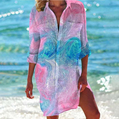 Lucy | Women's Tropical Print Button-Up Dress Three-Quarter Sleeve Beach Cover Up