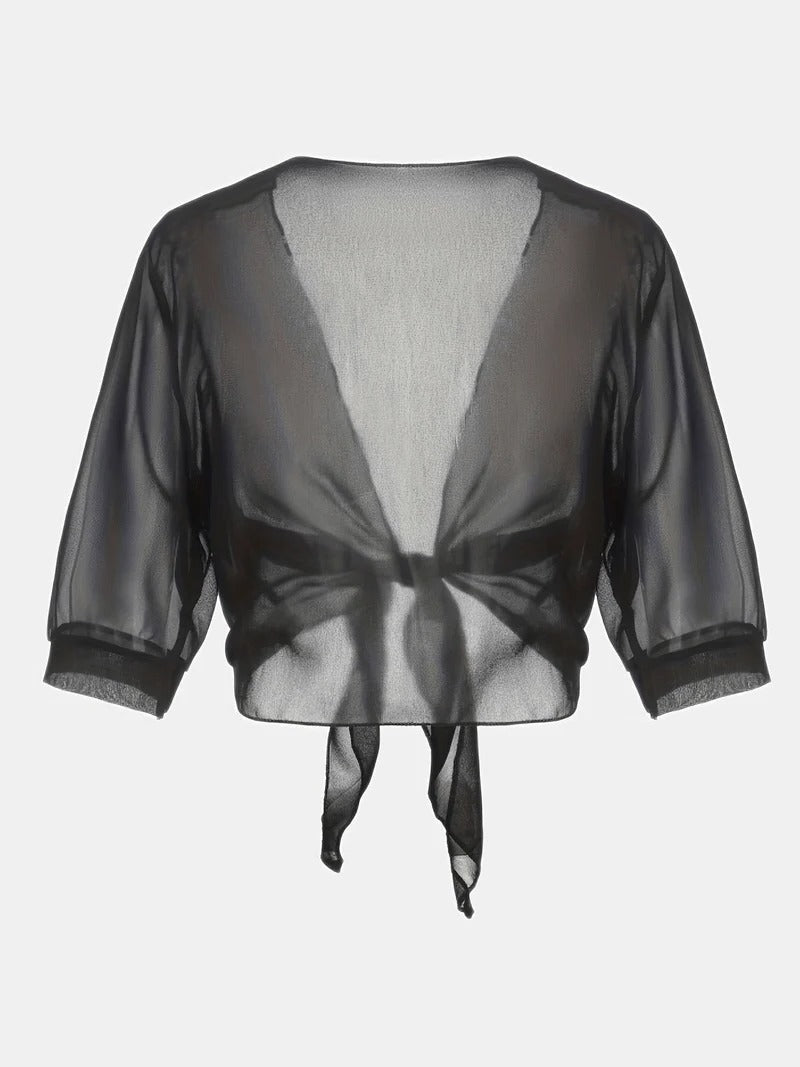 Jasmine | Women's Tie Front Sheer Blouse Open Front 3/4 Sleeve Top