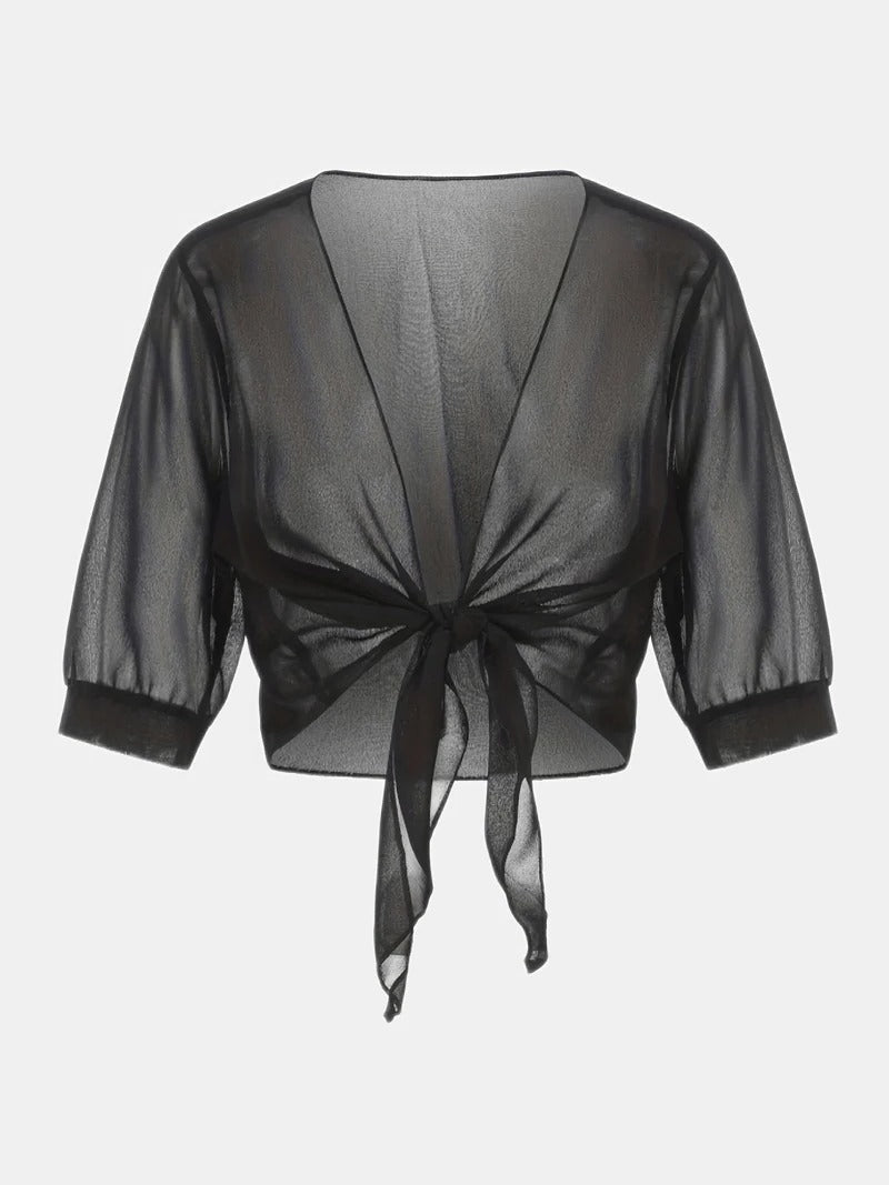 Jasmine | Women's Tie Front Sheer Blouse Open Front 3/4 Sleeve Top