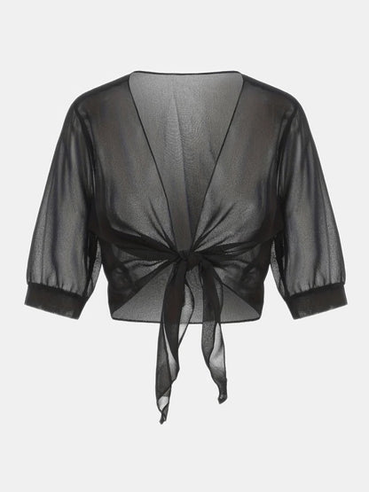 Jasmine | Women's Tie Front Sheer Blouse Open Front 3/4 Sleeve Top