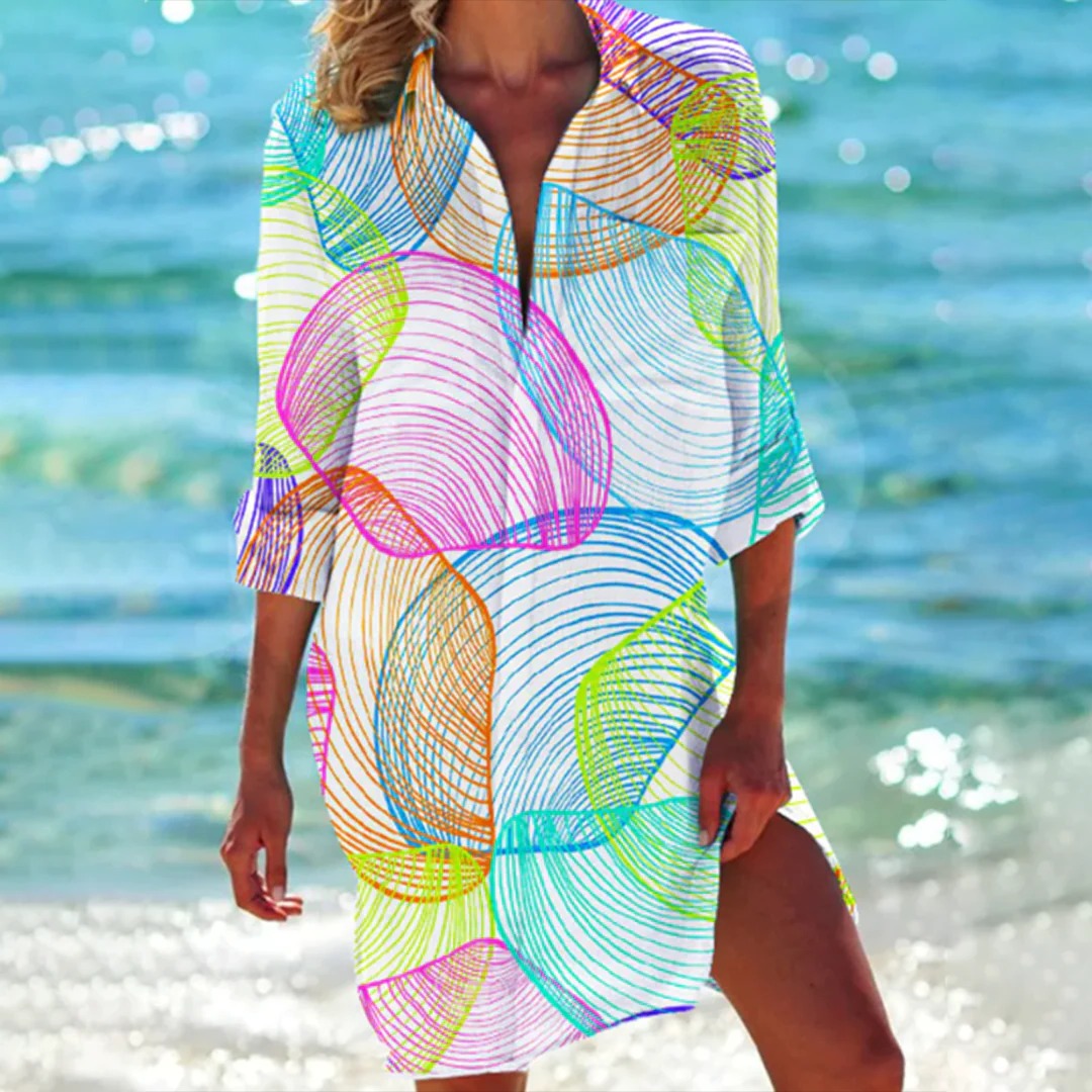 Lucy | Women's Tropical Print Button-Up Dress Three-Quarter Sleeve Beach Cover Up
