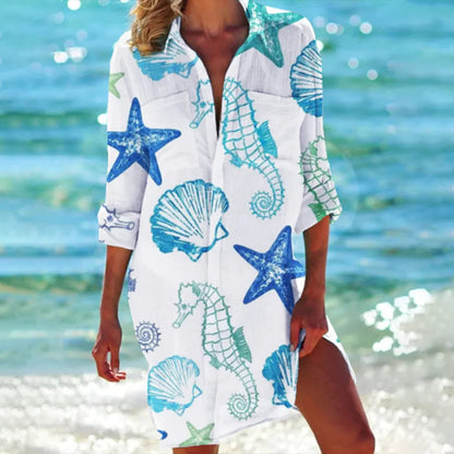 Lucy | Women's Tropical Print Button-Up Dress Three-Quarter Sleeve Beach Cover Up