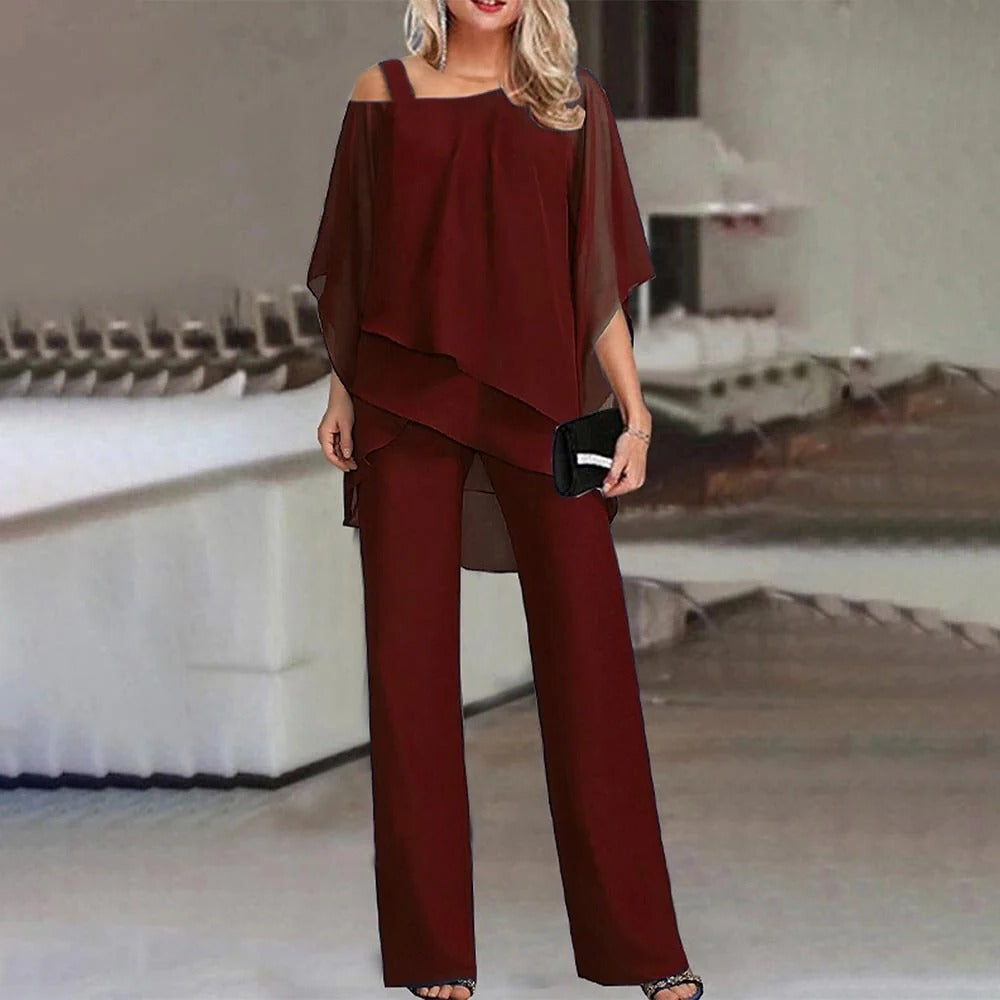 Ashley | Women's Cold Shoulder Chiffon Overlay Wide-Leg Jumpsuit