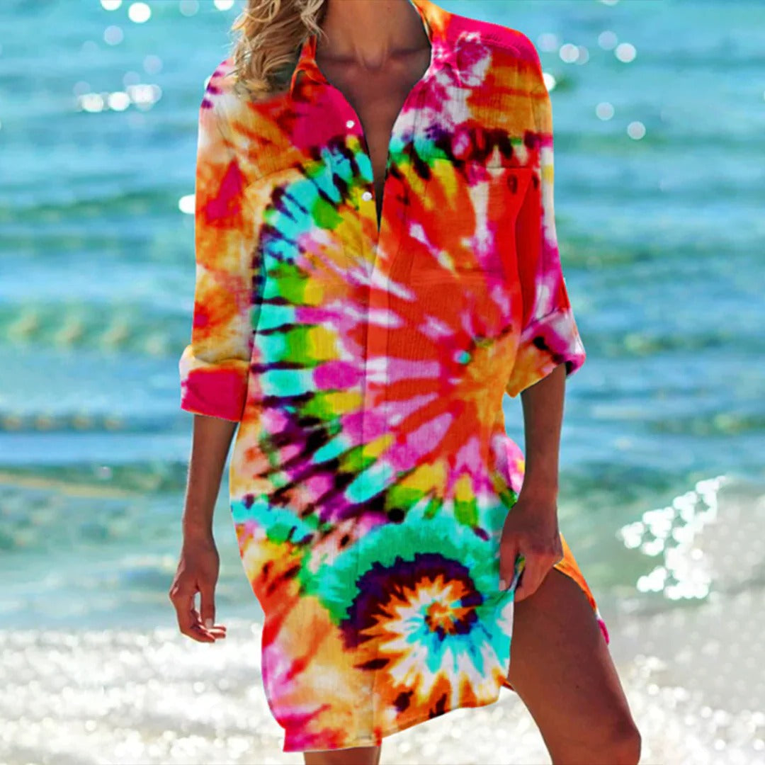 Lucy | Women's Tropical Print Button-Up Dress Three-Quarter Sleeve Beach Cover Up