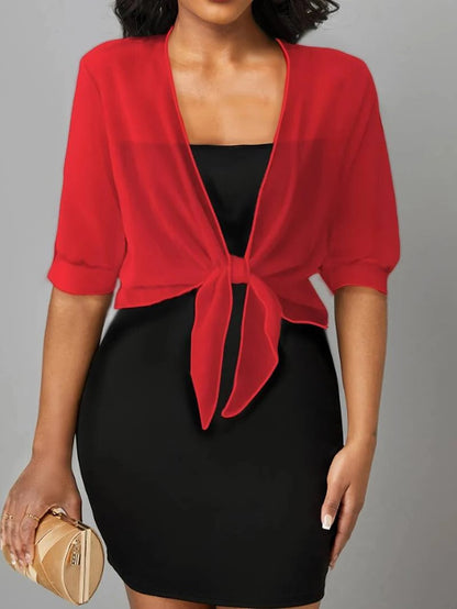 Jasmine | Women's Tie Front Sheer Blouse Open Front 3/4 Sleeve Top