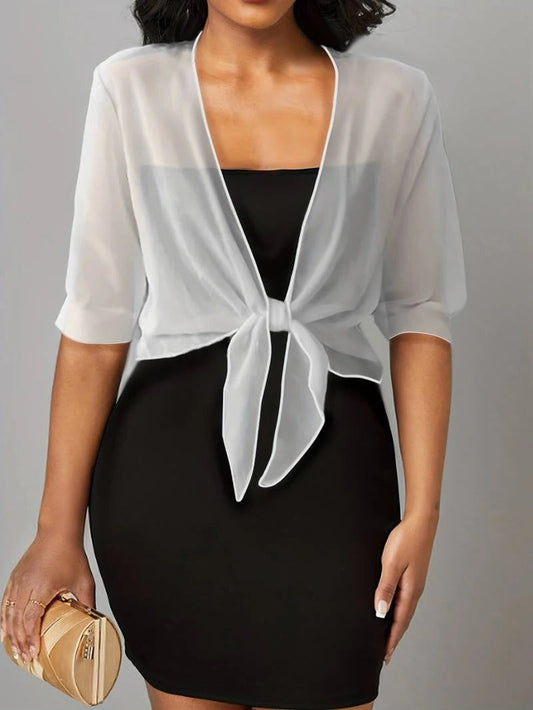 Jasmine | Women's Tie Front Sheer Blouse Open Front 3/4 Sleeve Top