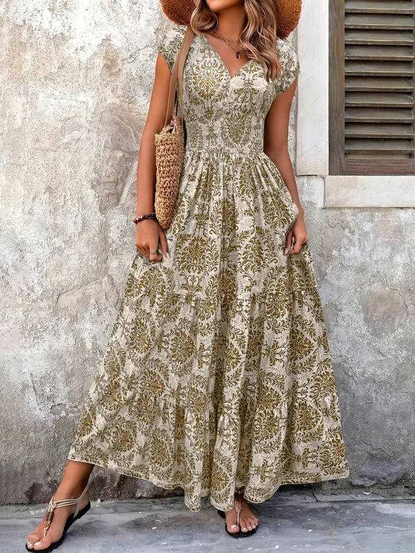 Emery | Women's Smocked Bohemian Print Tiered Maxi Dress