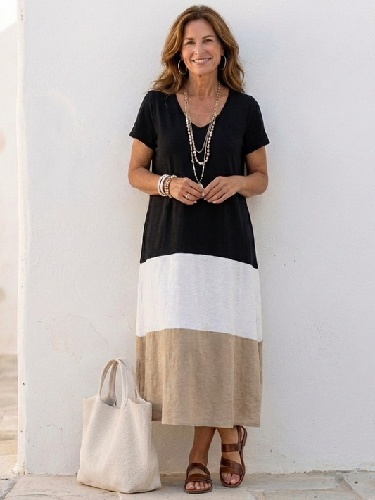 Claire | Women's Color Block V Neck Mid-Length Dress