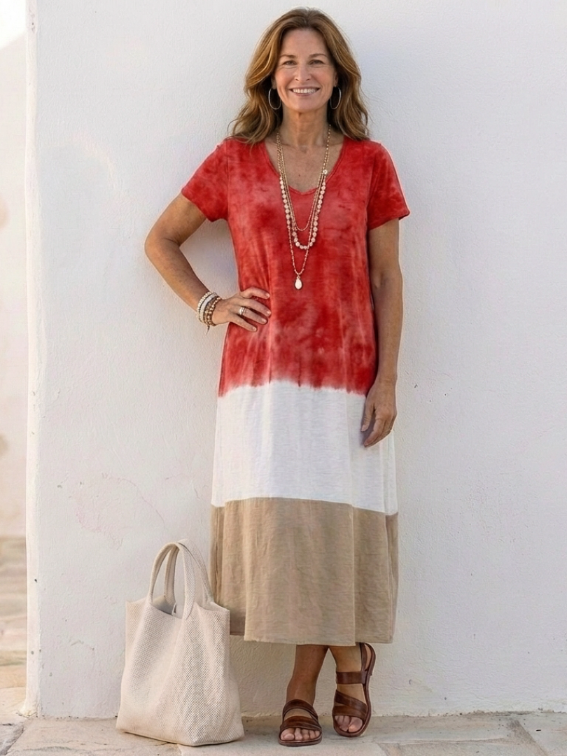 Claire | Women's Color Block V Neck Mid-Length Dress