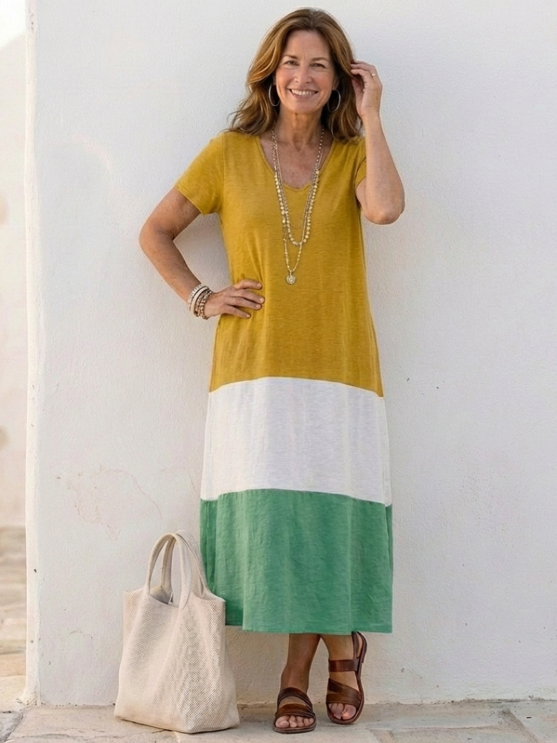 Claire | Women's Color Block V Neck Mid-Length Dress