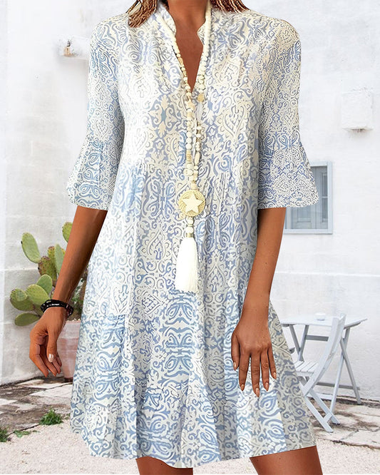 Grace | Women's Floral Print V-Neck Three-Quarter Sleeve Dress