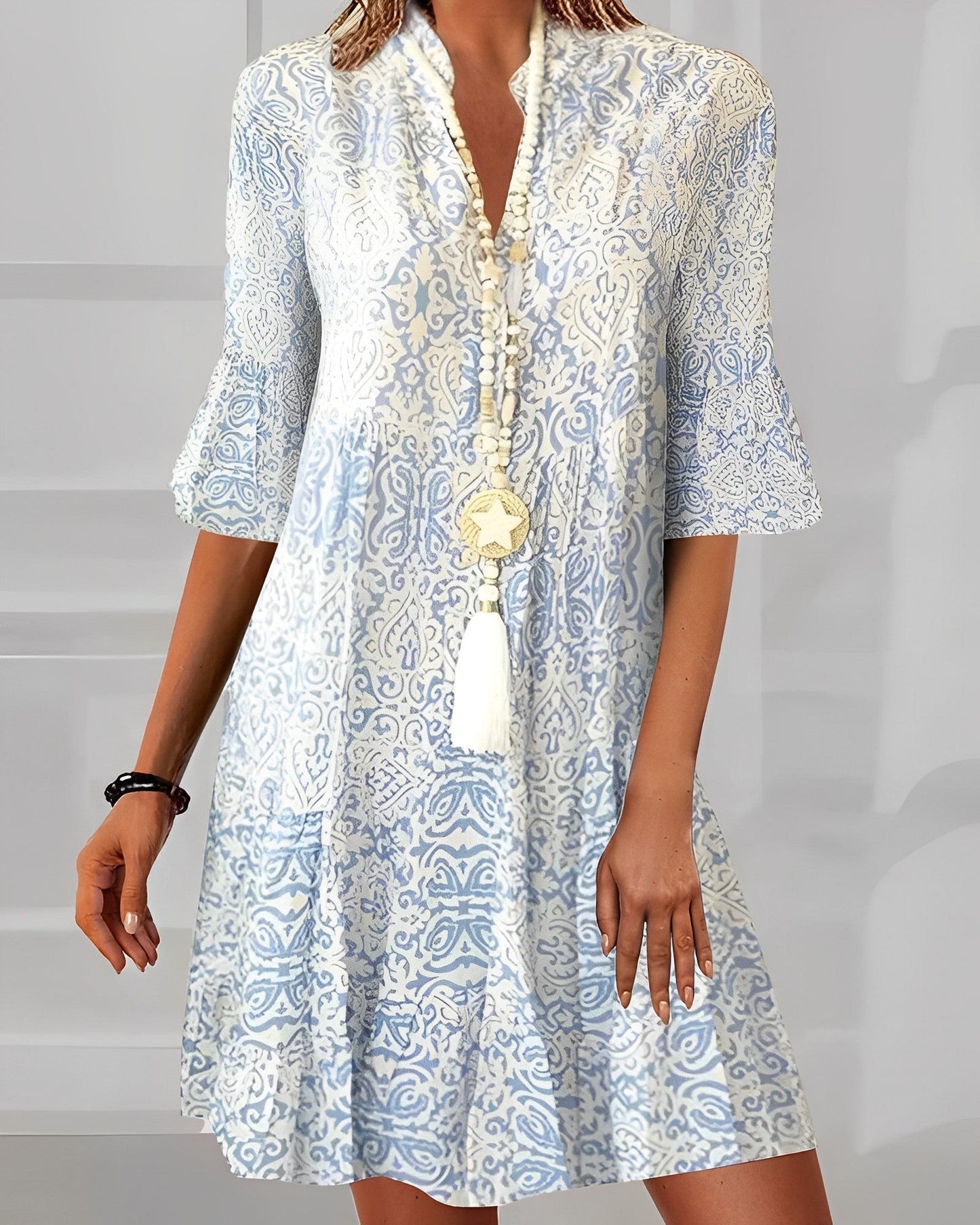 Grace | Women's Floral Print V-Neck Three-Quarter Sleeve Dress
