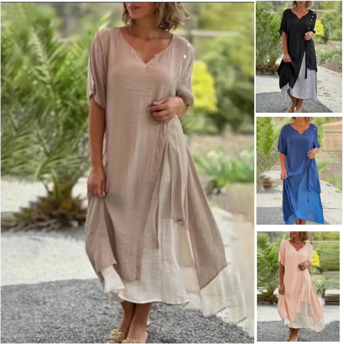 Robin | Women's Layered Mid-Length Dress Short-Sleeved V-Neck