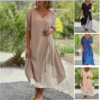 Robin | Women's Layered Mid-Length Dress Short-Sleeved V-Neck