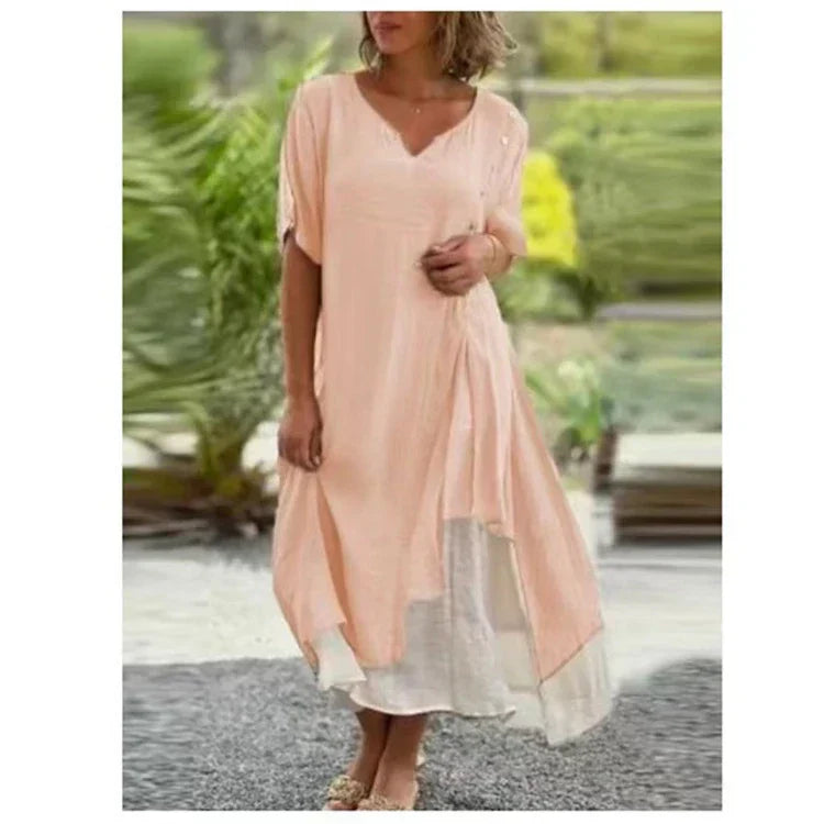 Robin | Women's Layered Mid-Length Dress Short-Sleeved V-Neck