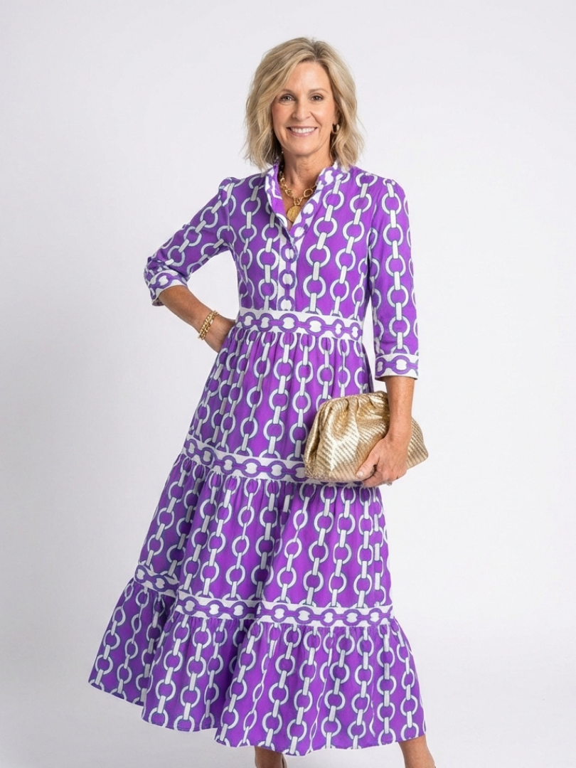 Grace | Women's Chain Print Three-Quarter Sleeve Mid-Length Dress